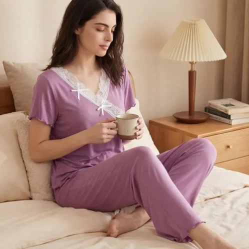 short sleeve lace trim long pants pajama set xlkl535 lifestyle view