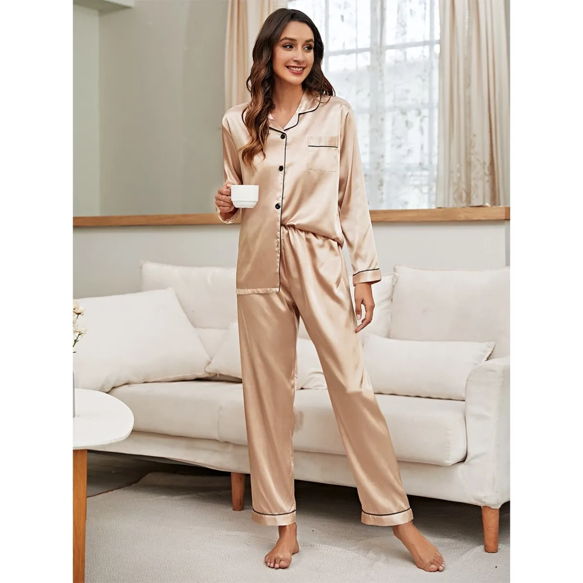 women faux silk lightweight button front long sleeve long pants pajama set xlk333 lifestyle view