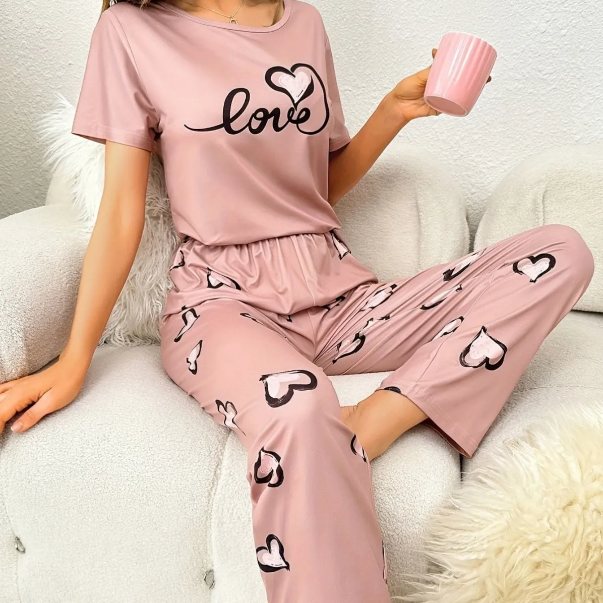 women milk silk lightweight printed short sleeve long pants pajama set xlk93050 front view