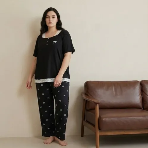 plus size short sleeve lace trim printed long pants pajama set xlk446 color option