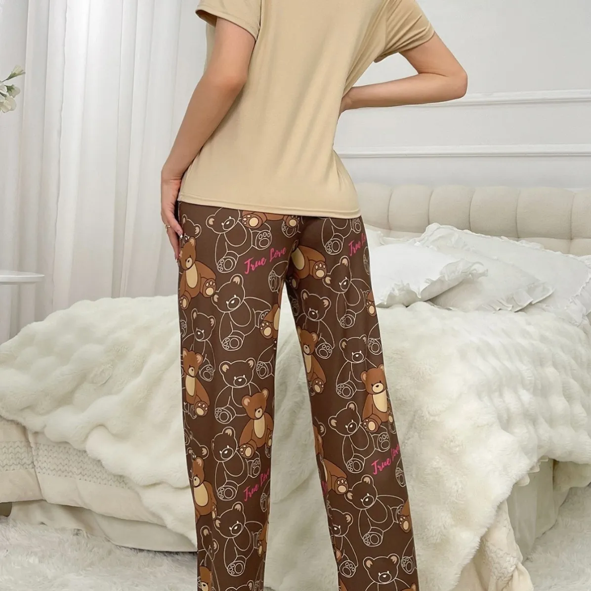 women milk silk lightweight cartoon print pajama set xlk28864 lifestyle view