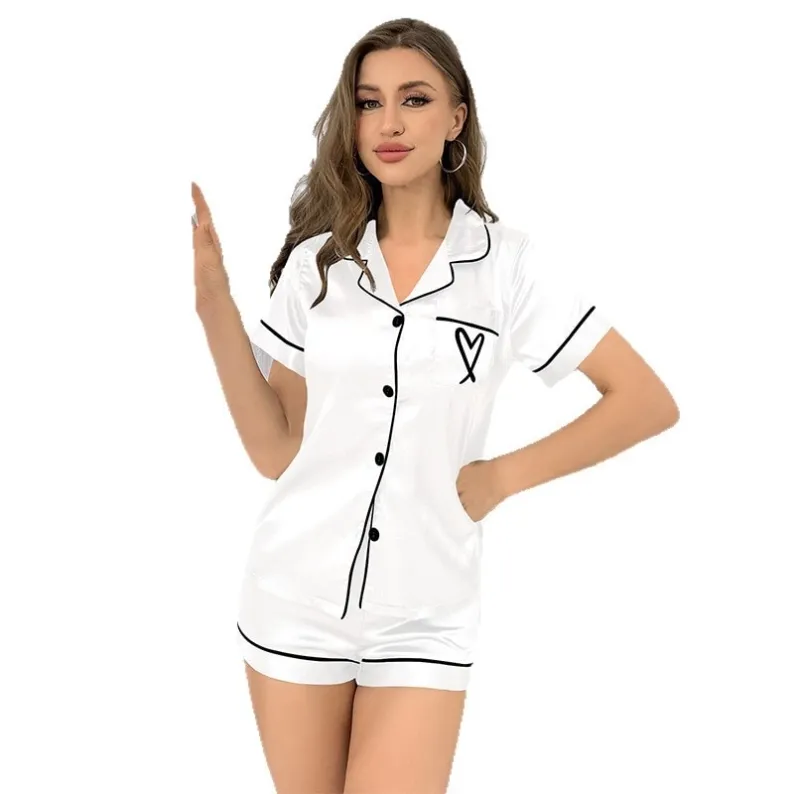 women faux silk button front pajama set xlk555004 lifestyle view