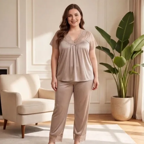 plus size short sleeve lace trim long pants pajama set xlkl187 detail view