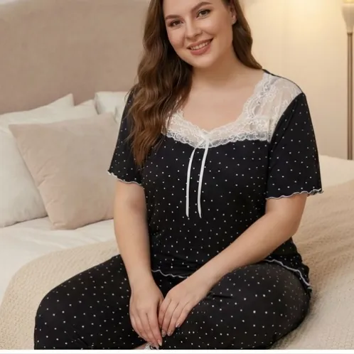 plus size short sleeve lace trim polka dot pajama set xlkl451 detail view