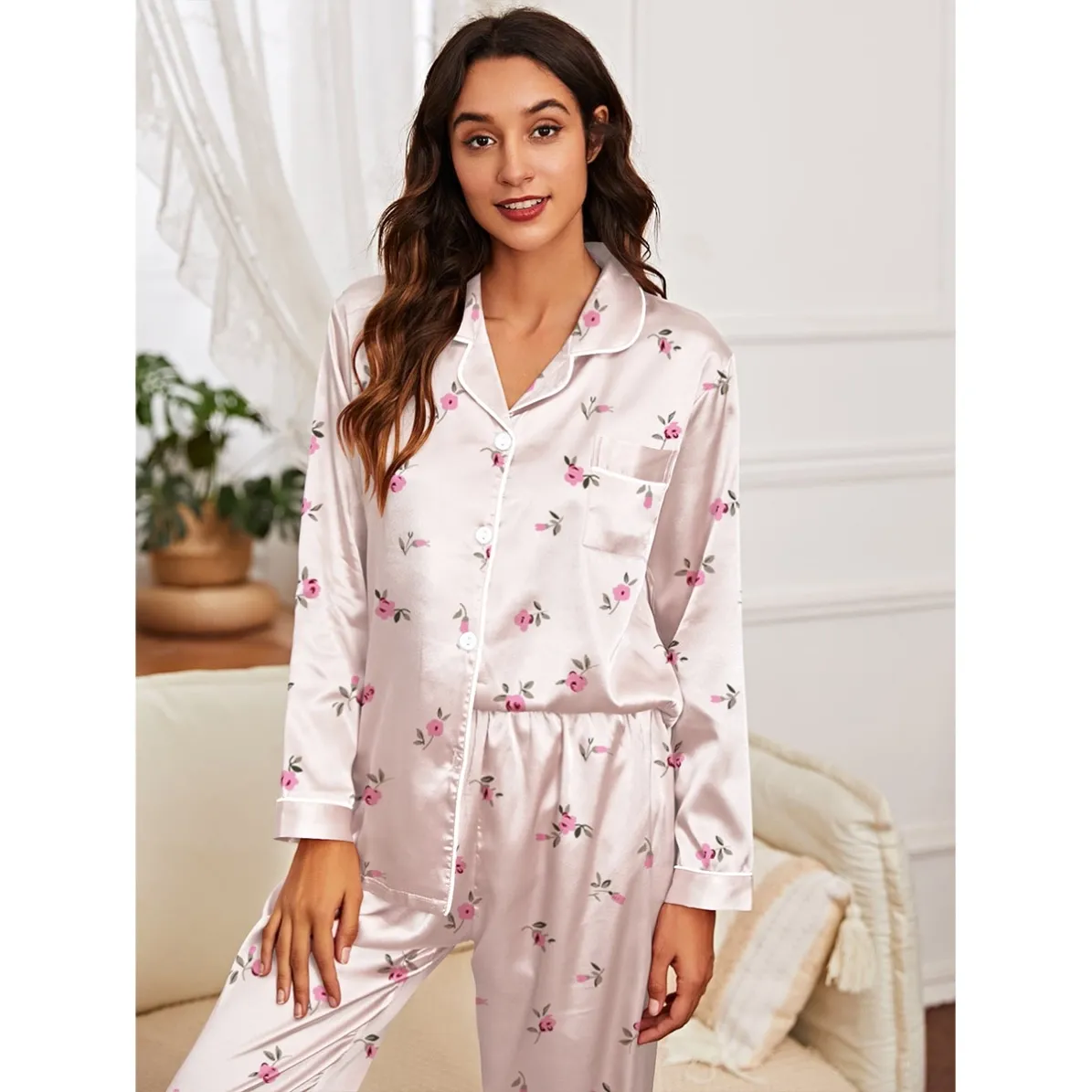 women faux silk warm button front long sleeve long pants pajama set xlk222010 front view