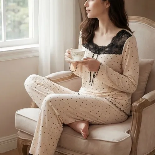 long sleeve lace trim polka dot printed long pants pajama set xlkl765 detail view