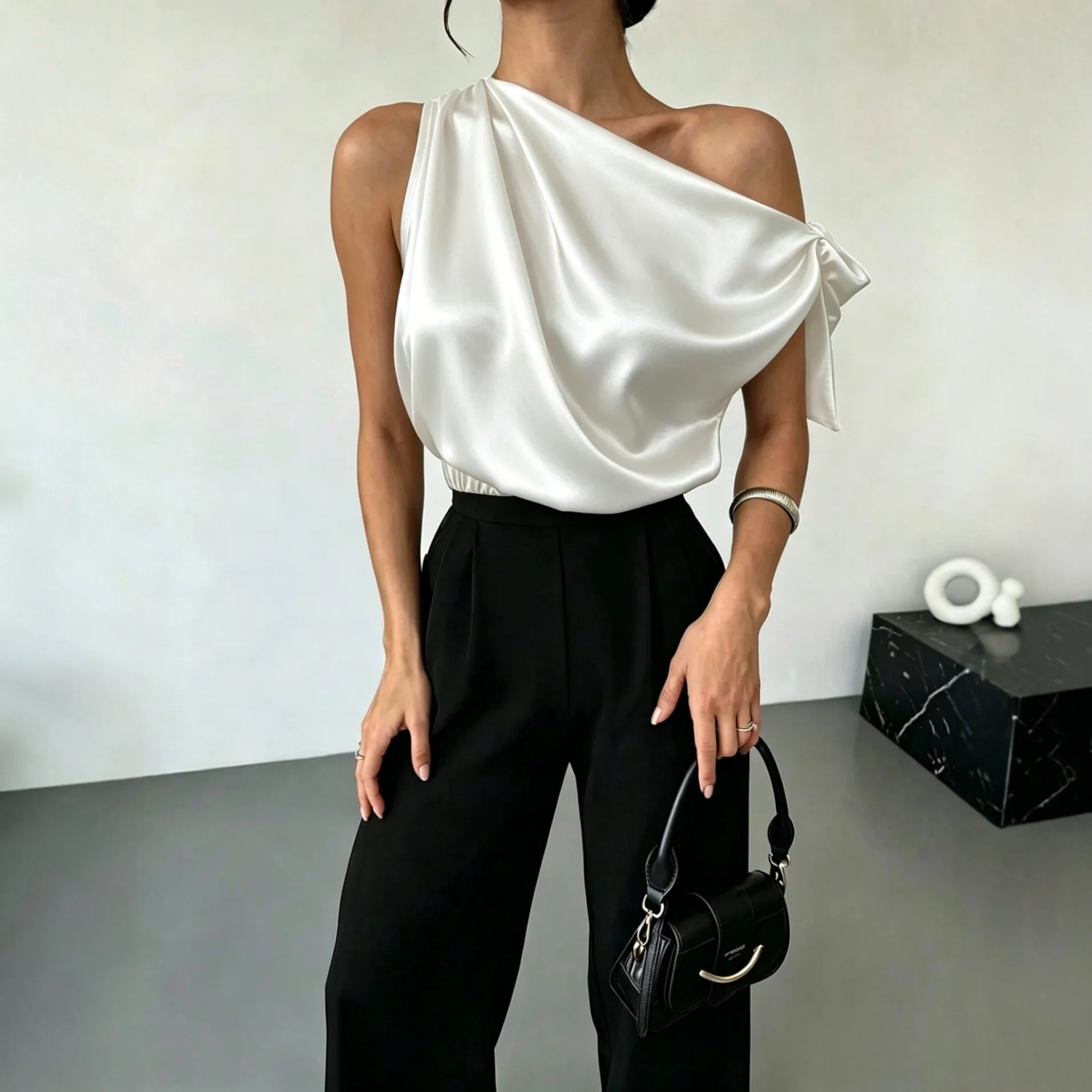 satin off-shoulder bow asymmetric blouse xlk0119 front view