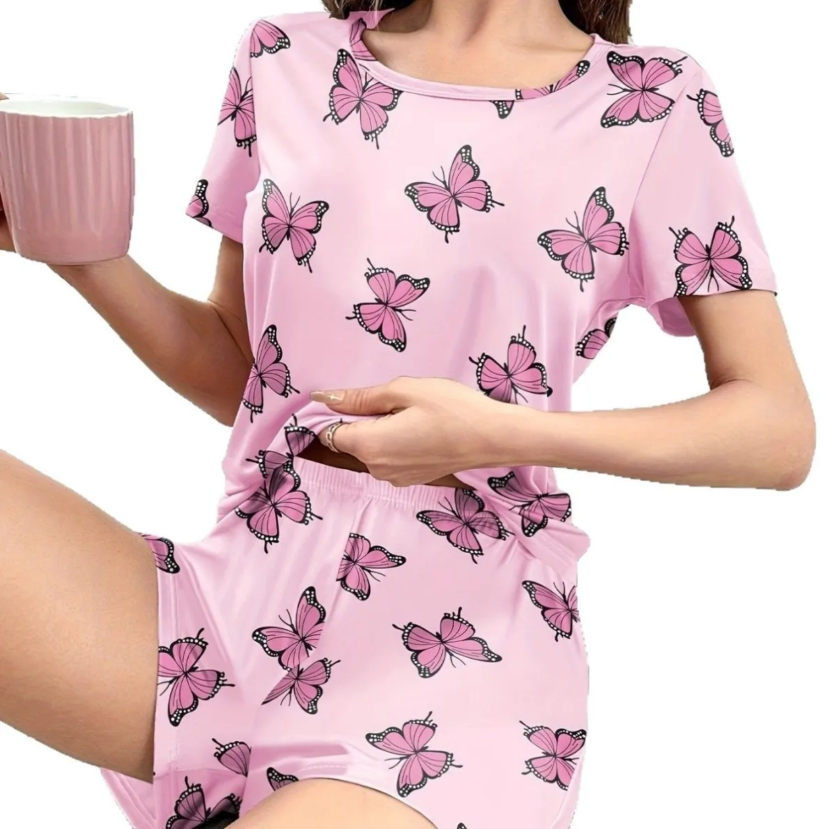 women milk silk lightweight printed short sleeve shorts pajama set xlkg34021 lifestyle view