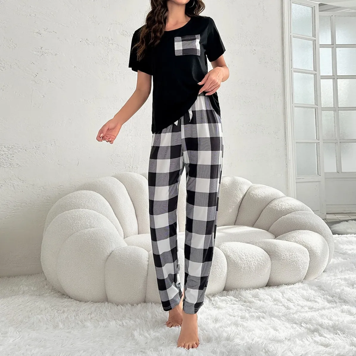 women milk silk lightweight plaid pajama set xlk93028 lifestyle view