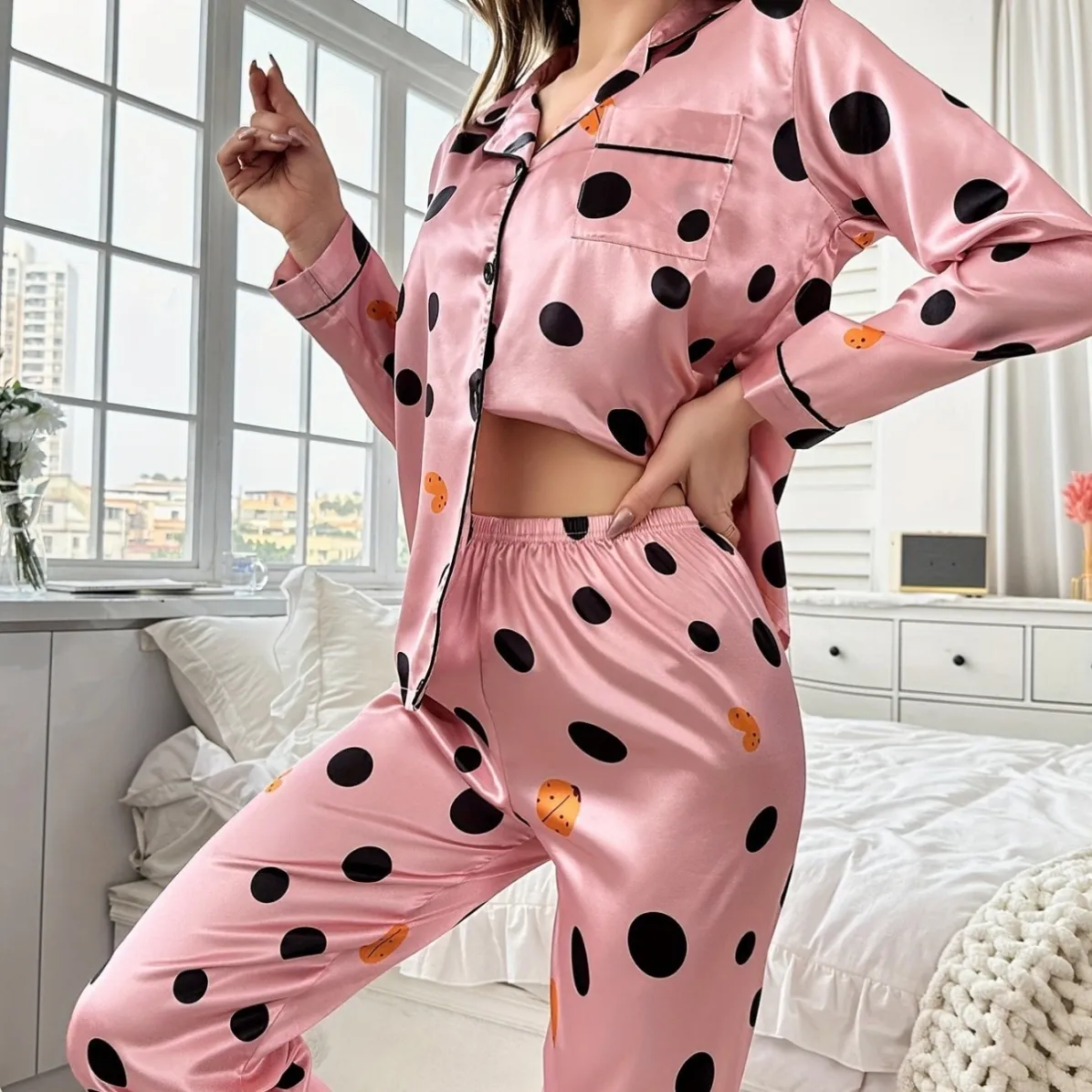 women faux silk button front pajama set xlk222003 lifestyle view