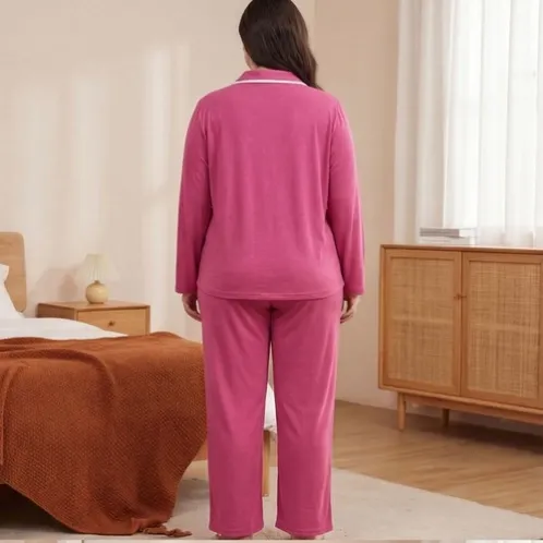 plus size long sleeve lapel collar button front pajama set xlkl686 front view
