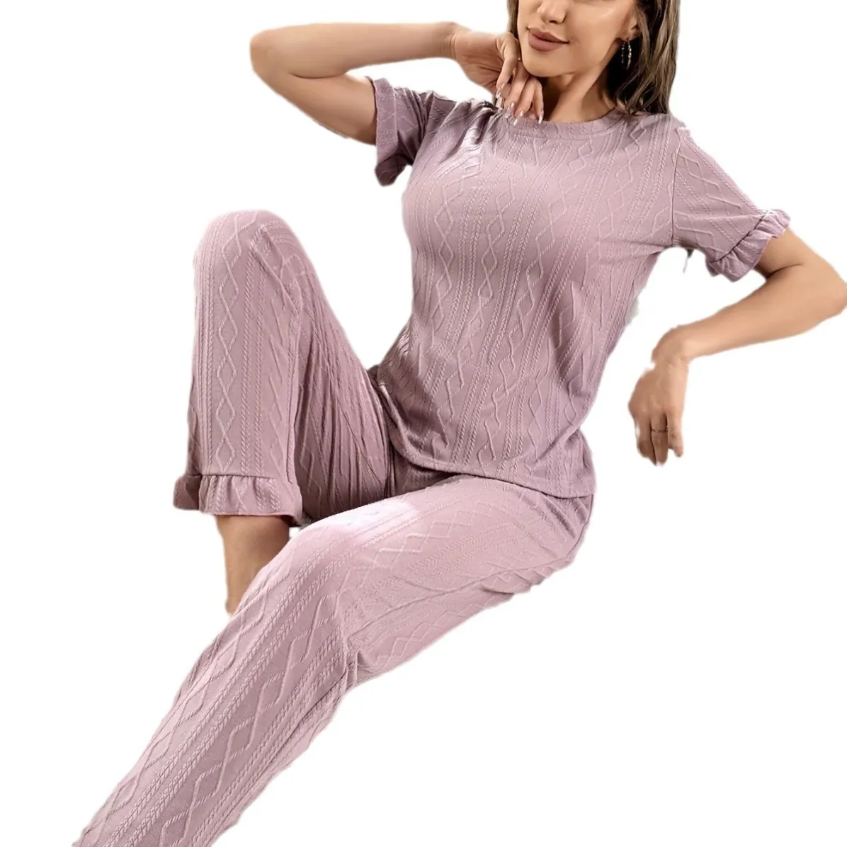women milk silk lightweight ruffle trim short sleeve long pants pajama set xlk9831 lifestyle view
