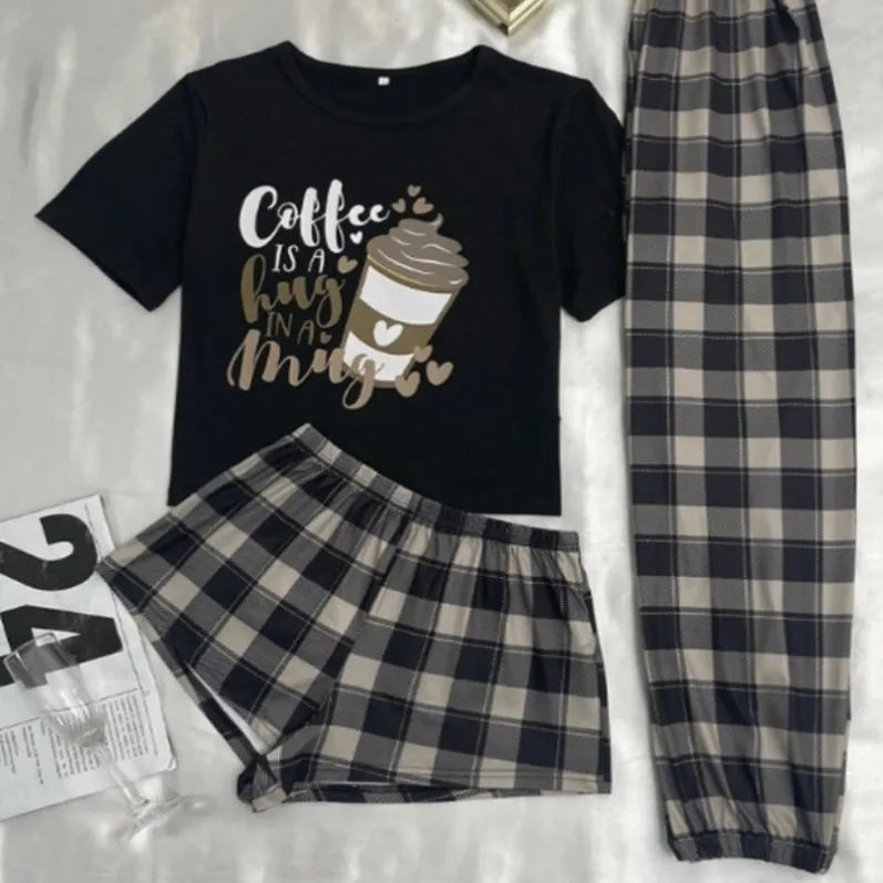 women milk silk lightweight cartoon print plaid three piece pajama set xlk600826 front view