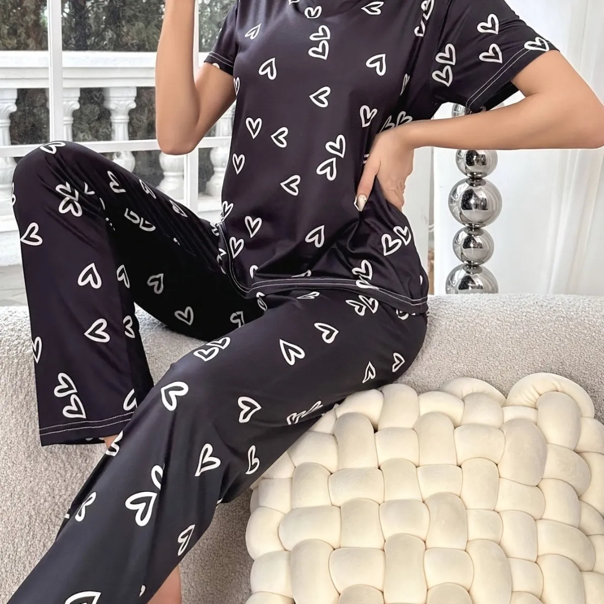women milk silk printed short sleeve long pants pajama set xlk93055 lifestyle view