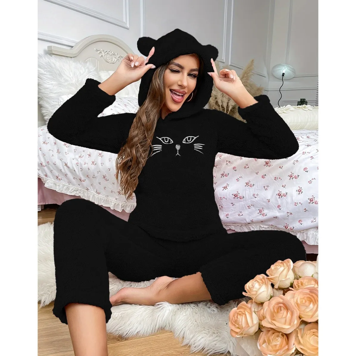 women flannel warm hooded pajama set xlk13329 front view