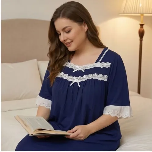 plus size short sleeve lace trim printed nightdress xlkl452 detail view