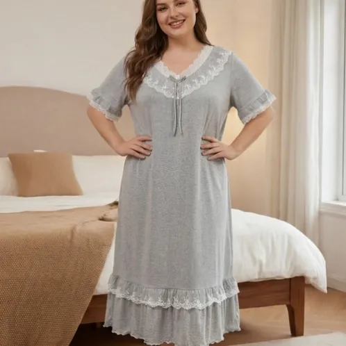 plus size short sleeve lace trim robe xlkl574 front view