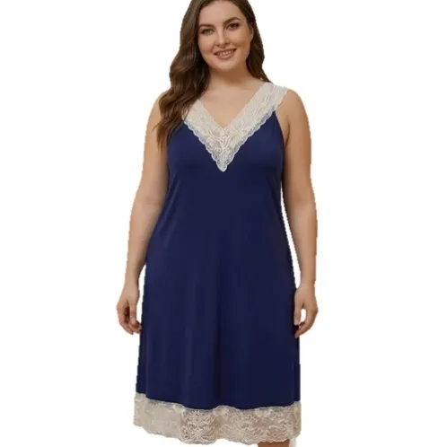 plus size sleeveless v-neck lace trim nightdress xlkte-095 detail view
