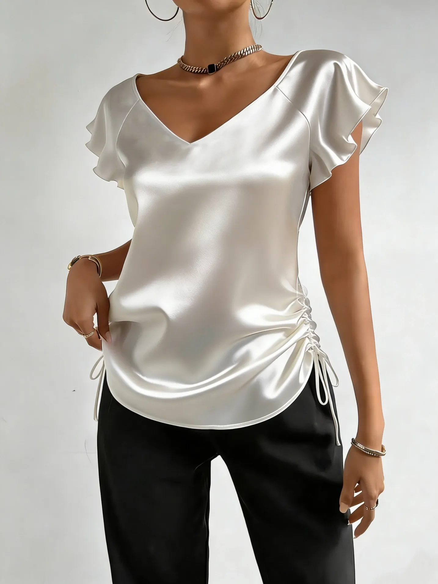 satin v-neck ruffle drawstring top xlk0075 front view