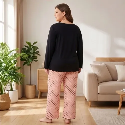 plus size long sleeve round neck printed long pants pajama set xlkl644 detail view