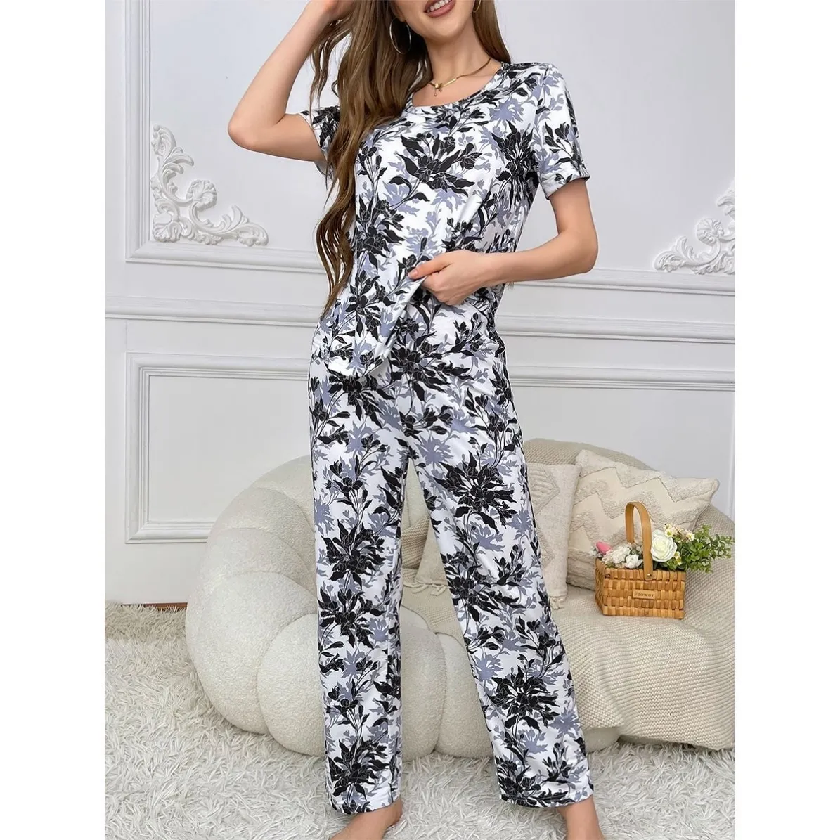 women milk silk lightweight printed short sleeve long pants pajama set xlk93071 lifestyle view