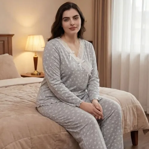 plus size long sleeve printed long pants pajama set xlkl650 front view