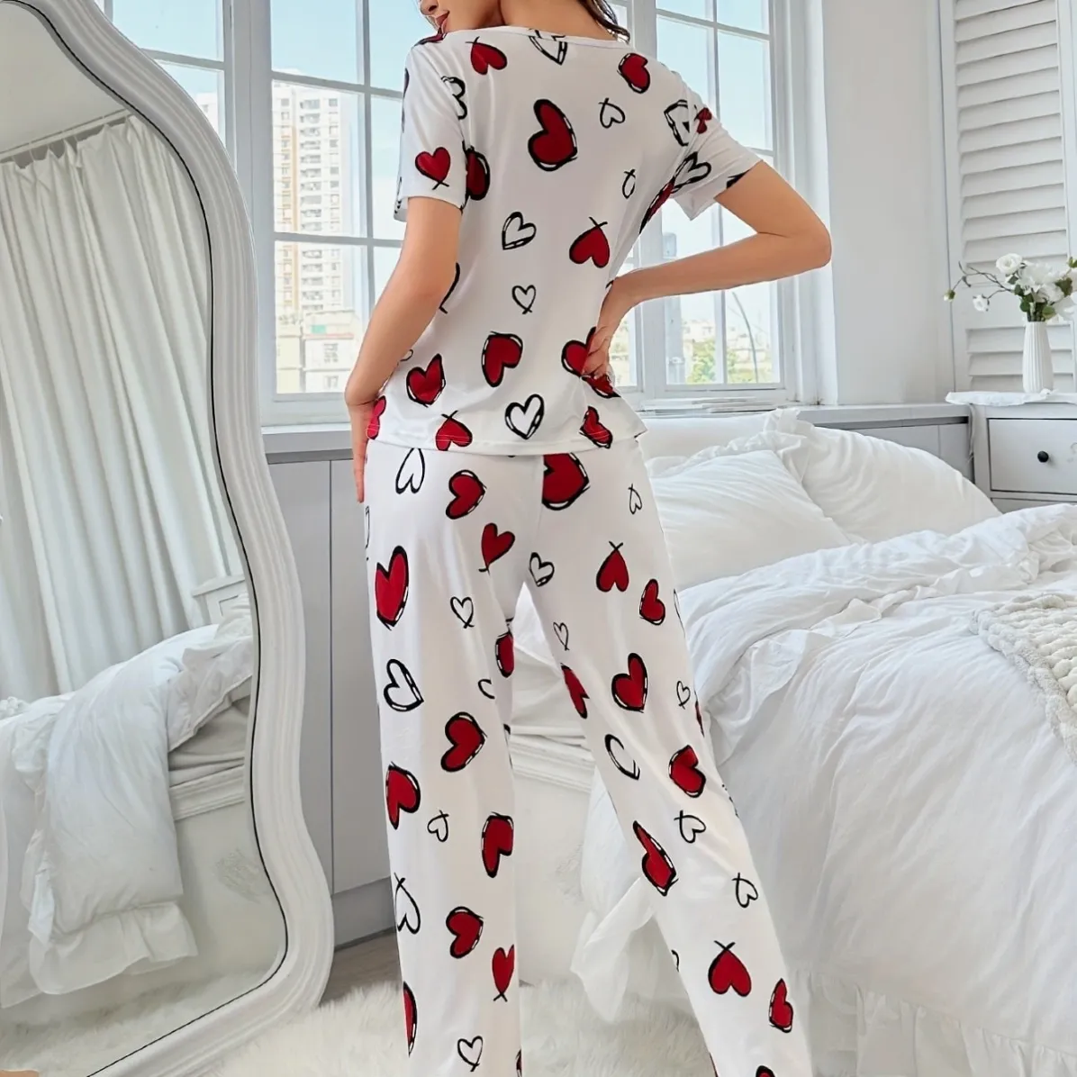 women milk silk lightweight printed short sleeve long pants pajama set xlk93027-2 lifestyle view