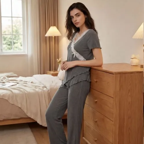 short sleeve lace trim long pants pajama set xlkl535 front view