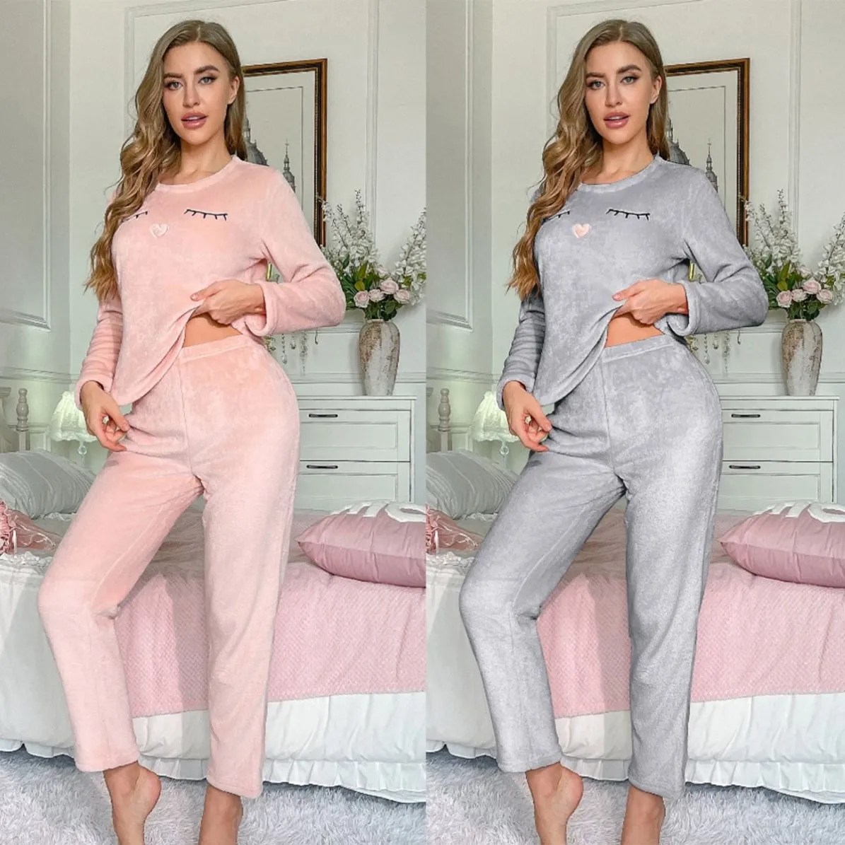 women flannel warm cartoon print pajama set xlk5232 front view