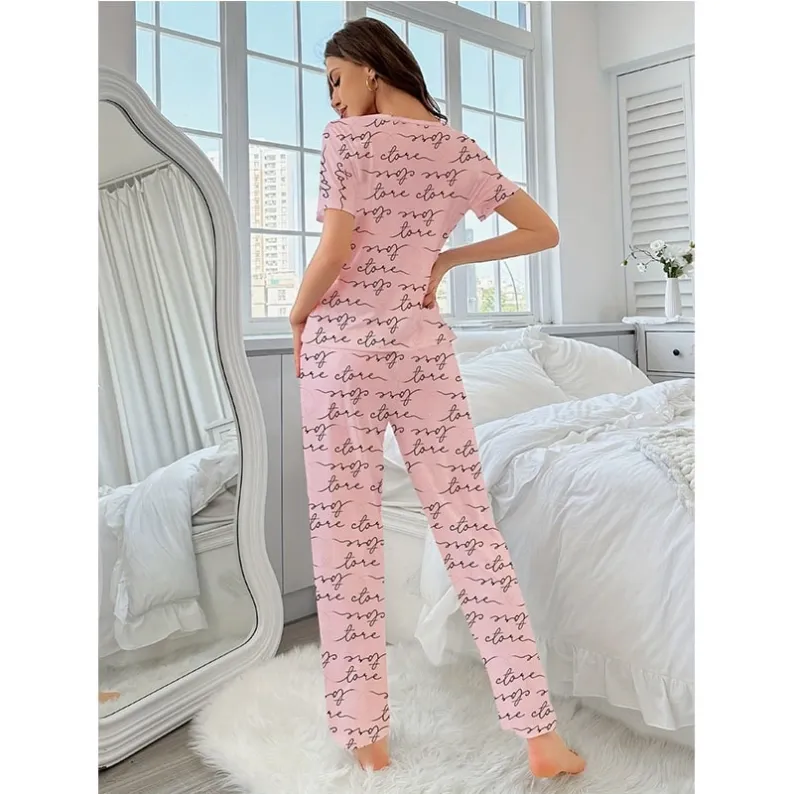 women milk silk lightweight printed short sleeve long pants pajama set xlkp93063 lifestyle view