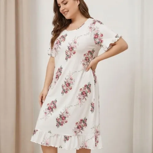 plus size short sleeve round neck printed robe xlkte-162 front view