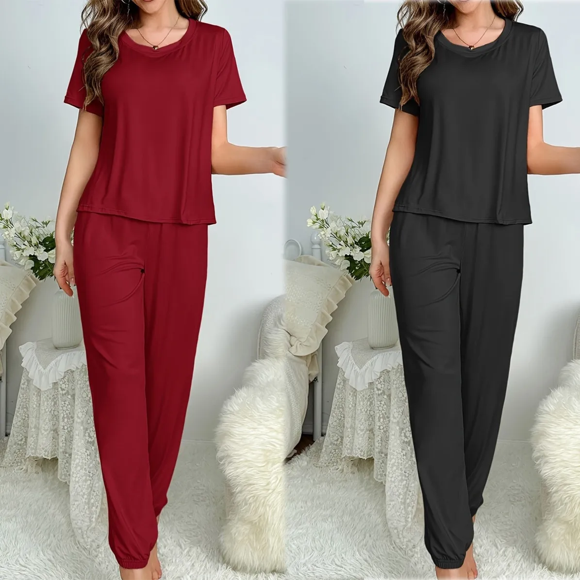 women milk silk pajama set xlk93012-2 lifestyle view