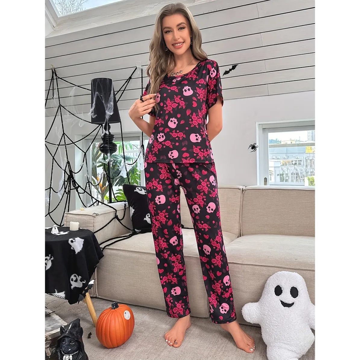 women milk silk lightweight printed pajama set xlk93025 lifestyle view