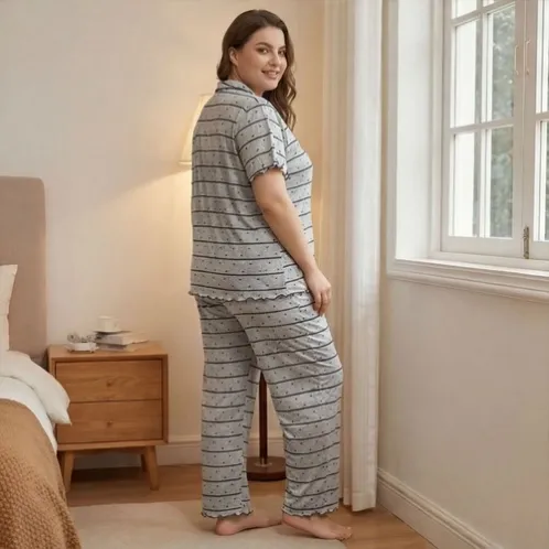plus size short sleeve button front striped long pants pajama set xlkl585 front view