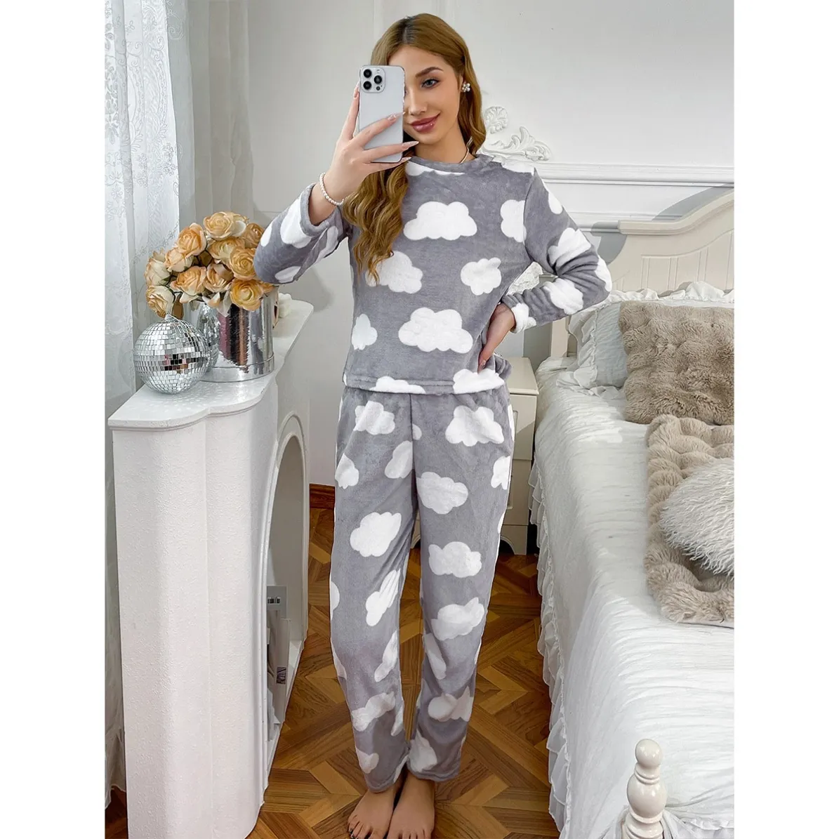 women flannel warm long sleeve long pants pajama set xlk5080 lifestyle view