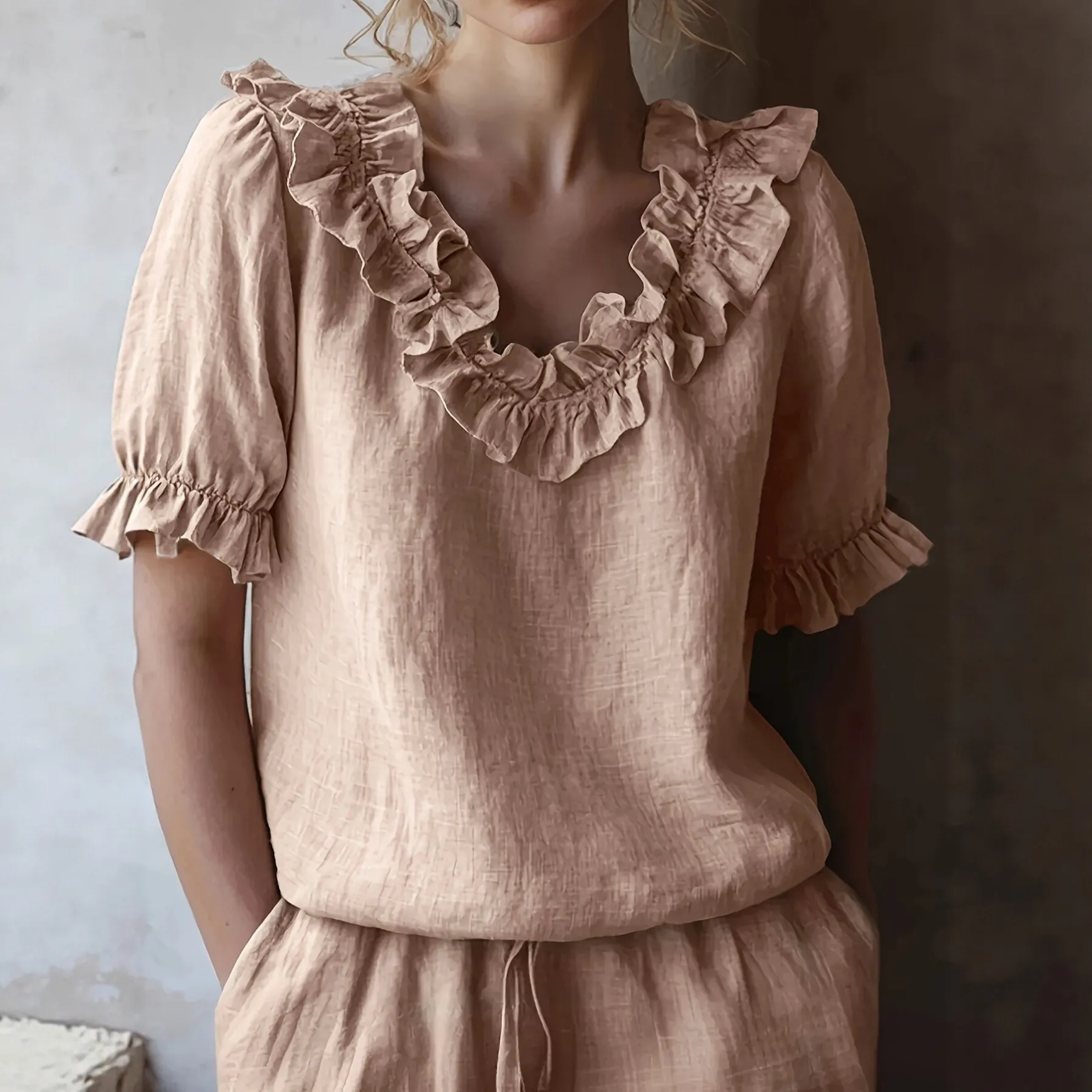 puff sleeve ruffle loose fit slim fit blouse xlk0103 front view