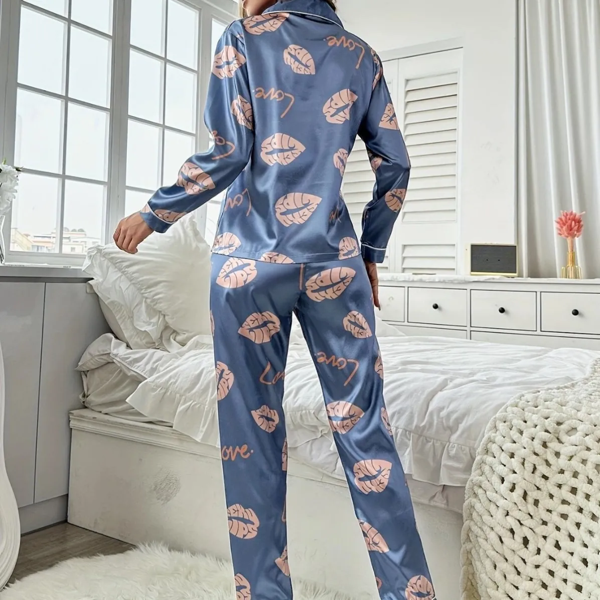 women milk silk lightweight printed long sleeve long pants pajama set xlk222007 lifestyle view
