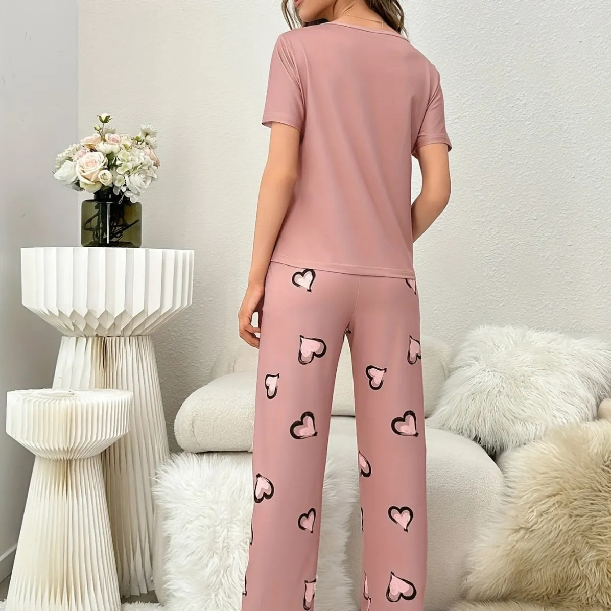 women milk silk lightweight printed short sleeve long pants pajama set xlk93050 lifestyle view