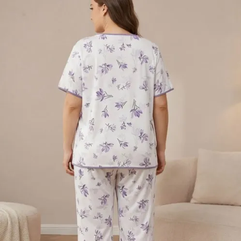short sleeve lapel collar printed long pants pajama set xlkte-161 detail view