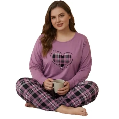 plus size long sleeve round neck printed long pants pajama set xlkte-124 detail view