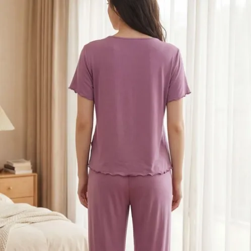 short sleeve lace trim long pants pajama set xlkl535 detail view