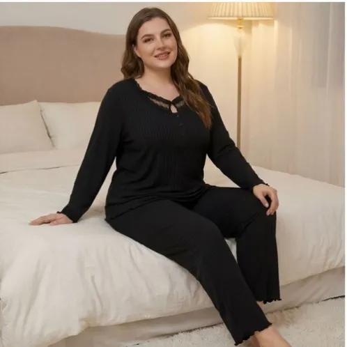 plus size long sleeve round neck solid color long pants pajama set xlkl637 lifestyle view