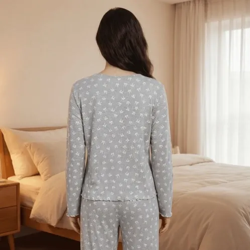 long sleeve v-neck lace trim printed pajama set xlkl697 detail view