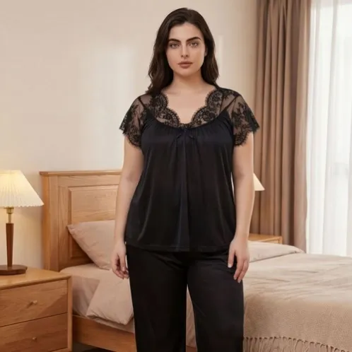 plus size short sleeve lace trim long pants pajama set xlkl187 detail view