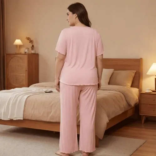 plus size short sleeve v-neck lace trim pajama set xlkl443 detail view