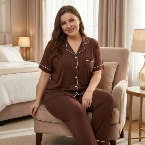 plus size short sleeve button front pajama set xlkal-028 front view