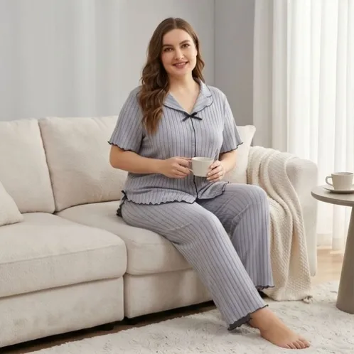 short sleeve lapel collar solid color long pants pajama set xlkl612 color option