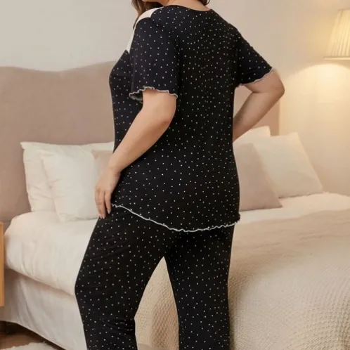 plus size short sleeve lace trim polka dot pajama set xlkl451 detail view