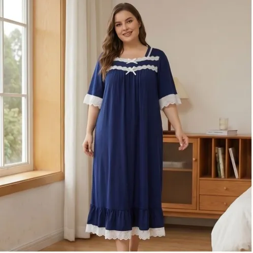plus size short sleeve lace trim printed nightdress xlkl452 front view