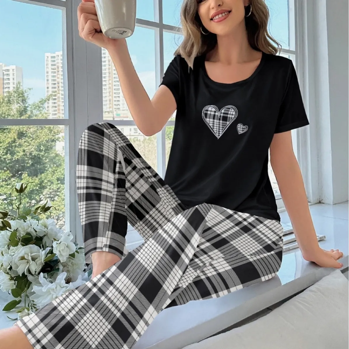 women milk silk plaid pajama set xlk93051 front view